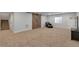Finished basement area featuring plush carpet, sliding barn door, and entertainment space at 1017 Mircos St, Erie, CO 80516