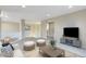 Open concept living room with neutral tones, plush seating, and a contemporary entertainment center at 1017 Mircos St, Erie, CO 80516