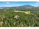 Expansive aerial view showcases mature green trees, rolling hills, and a stunning mountain vista at 8699 Blue Creek Rd, Evergreen, CO 80439