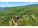 Expansive aerial view of log home nestled in a dense forest, showcasing its serene and private setting at 8699 Blue Creek Rd, Evergreen, CO 80439