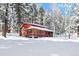 Exterior view of log cabin home in the winter surrounded by snow covered ground and trees at 8699 Blue Creek Rd, Evergreen, CO 80439