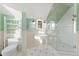 Bright bathroom featuring a pedestal sink, decorative tile, shower, and built-in shelves for storage at 2815 Curtis St, Denver, CO 80205