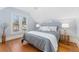 Cozy bedroom featuring hardwood floors and a large window with neighborhood views at 2815 Curtis St, Denver, CO 80205