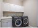 Convenient laundry room with a sink, white cabinets, and modern washer and dryer at 26722 E Peakview Pl, Aurora, CO 80016