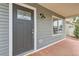 Close up of home's front door, brick entryway, and stylish exterior light fixture at 5120 Perth St, Denver, CO 80249