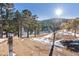 Property entrance featuring a rustic wooden post and chain, surrounded by trees and a natural landscape at 1053 Red Moon Rd, Evergreen, CO 80439