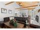 Bright living room with vaulted wood ceiling, fireplace, and a comfortable leather sofa at 1053 Red Moon Rd, Evergreen, CO 80439