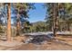 A winding gravel driveway is framed by tall trees, with a glimpse of a distant mountain view at 1053 Red Moon Rd, Evergreen, CO 80439