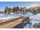 Gravel road leading through a snowy, wooded landscape with a mix of evergreen and bare trees at 1053 Red Moon Rd, Evergreen, CO 80439