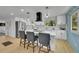 Modern kitchen with white cabinets, stainless steel appliances, a kitchen island with bar stools, and modern pendant lighting at 1173 Xenon St, Golden, CO 80401