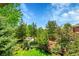 Scenic backyard view featuring mature trees, lush greenery, a wooden fence, and a quaint garden area at 20530 Parker Vista Cir, Parker, CO 80138