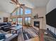 Bright living room features vaulted ceilings, large windows with stunning views, and a cozy stone fireplace at 28592 Hummingbird Hill Rd, Conifer, CO 80433