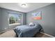 Bedroom with a large window, track art, carpet, and comfortable bedding for a relaxing retreat at 9924 Silver Maple Way, Highlands Ranch, CO 80129