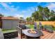 Enjoy cozy evenings around the fire pit in this backyard, complete with stylish patio seating and a storage shed at 6163 W 76Th Ave, Arvada, CO 80003