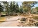 Large backyard featuring a stone water feature, manicured lawn, and mature trees at 2253 Augusta Dr, Evergreen, CO 80439