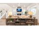 Inviting living room featuring a cozy fireplace, a TV, plush seating, and a staircase leading to the upper level at 8582 Cheraw St, Littleton, CO 80125