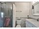 Bright bathroom with a mosaic tiled shower and modern vanity at 9889 Aftonwood St, Highlands Ranch, CO 80126