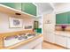 Bright kitchen with wood countertops, electric cooktop, vintage oven and green accent cabinets at 1831 S Ivanhoe St, Denver, CO 80224