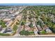 Aerial view showcases a leafy neighborhood, busy streets and city skyline beyond at 2050 S Lincoln St, Denver, CO 80210