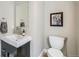 Contemporary powder room featuring a floating vanity with vessel sink, modern fixtures, and decorative mirror at 2530 N Franklin St, Denver, CO 80205