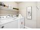 Dedicated laundry room with washer, dryer, and storage shelves, freshly painted and well lit at 5174 S Ukraine St, Aurora, CO 80015