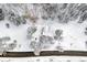 Aerial view of a property surrounded by snow-covered trees with road access at 25728 Stanley Park Rd, Evergreen, CO 80439