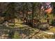 Charming log home with a stone pathway, nestled among tall trees, showcasing a serene and rustic setting at 25728 Stanley Park Rd, Evergreen, CO 80439