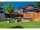 Fenced backyard featuring raised garden beds and a green lawn at 20445 Mitchell Pl, Denver, CO 80249
