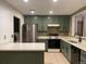 Modern kitchen with stainless steel appliances and green cabinets at 269 Ponderosa Pl, Fort Lupton, CO 80621