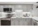 Modern kitchen featuring stainless steel appliances, gray cabinetry, and bright countertops at 1582 W Briarwood Ave, Littleton, CO 80120