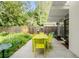 Outdoor patio with a vibrant dining set, bordered by lush landscaping and a privacy fence for serene outdoor living at 1338 S Fairfax St, Denver, CO 80222
