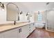 Modern bathroom featuring double sinks with white cabinets, shiplap walls, and black accents at 22898 Addington Pl, Parker, CO 80138