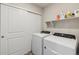 Bright laundry room featuring a modern washer and dryer, storage shelf, and sliding closet doors at 1954 S Poplar Ct, Denver, CO 80224