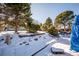 Snowy backyard with trees and landscaping at 11143 W Ohio Pl, Lakewood, CO 80226