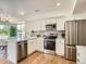 Modern kitchen features stainless appliances, white cabinets, stone countertops, and wood flooring at 21472 E 46Th Ave, Denver, CO 80249