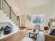 Comfortable living room featuring hardwood floors, a modern staircase, and plenty of natural light at 21472 E 46Th Ave, Denver, CO 80249