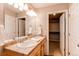 Bathroom with double sinks, wood cabinets, and walk-in closet at 4048 N Quatar Ct, Aurora, CO 80019