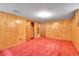 Basement featuring paneled walls, a closet, carpet, and overhead lighting, perfect for a recreation area at 3444 S Bellaire St, Denver, CO 80222