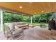 Inviting covered patio includes stylish furniture, wood ceiling, and access to a backyard at 13225 Peacock Dr, Lone Tree, CO 80124