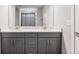 Bathroom with double sinks, white countertop, and gray cabinets at 1632 Saddlesmith Pl, Castle Pines, CO 80108