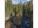 Scenic aerial view of the property's creek surrounded by towering evergreen trees at 100 River Park Dr # A, Breckenridge, CO 80424