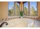 A relaxing soaking tub with jets is surrounded by scenic views of the trees from the bay windows at 18720 Lake Dr, Monument, CO 80132