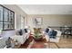 Bright living room featuring contemporary furnishings, a cowhide rug, and large windows at 3195 Blake St # 106, Denver, CO 80205