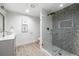 Stylish bathroom featuring a glass-enclosed shower with mosaic tile and modern fixtures at 7079 S Locust Pl, Centennial, CO 80112