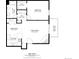 Detailed floor plan of the apartment with dimensions of the kitchen, living spaces, bath, bedroom, walk in closet, and balcony at 420 Zang St # 3-208, Lakewood, CO 80228
