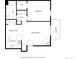 Detailed floor plan of the apartment, showcasing layout of the kitchen, living spaces, bath, and bedroom with balcony at 420 Zang St # 3-208, Lakewood, CO 80228