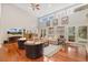 Bright living room featuring high ceilings, large windows, and hardwood floors at 2627 E Willamette Ln, Greenwood Village, CO 80121
