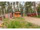 Wood sided cabin with a green door and trim and a large backyard full of native trees at 184 Signal Rock Rd, Golden, CO 80403