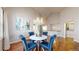 Bright dining area featuring a modern chandelier, hardwood floors, and seating for four at 2266 S Kenton St, Aurora, CO 80014