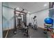Basement gym with modern exercise equipment including weights, elliptical machine, and exercise ball at 1456 Shavano Ct, Evergreen, CO 80439